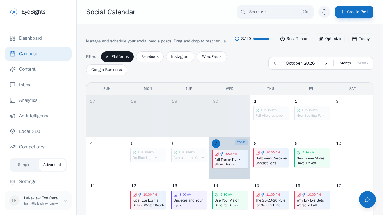 EyeSights content calendar showing scheduled social media posts across multiple platforms