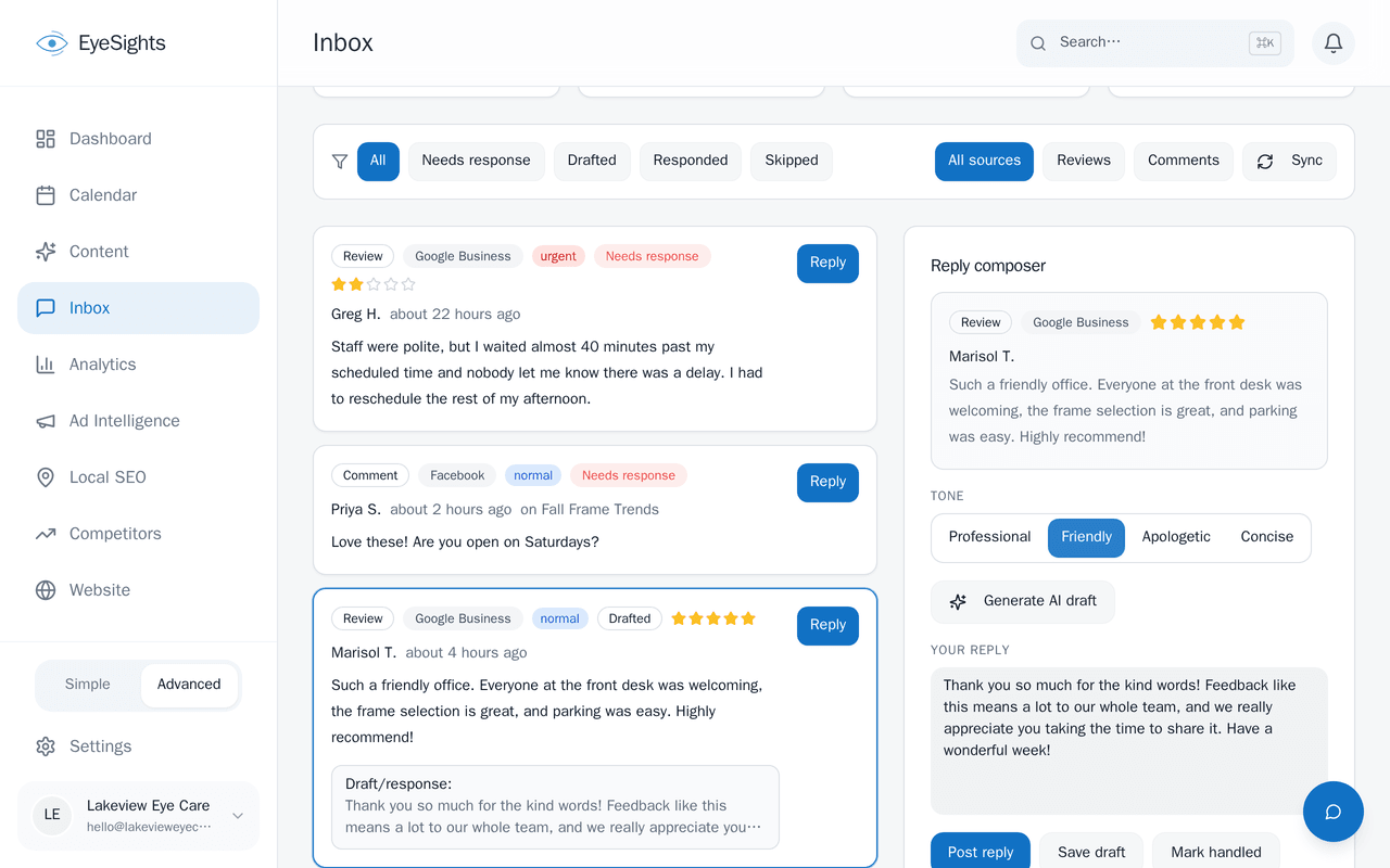 EyeSights inbox showing a customer review with a drafted reply